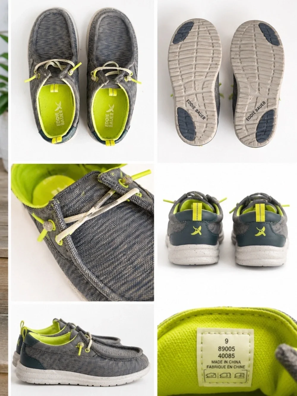 Eddie Bauer Kids Gray Slip On Moccasins Neon Green Comfort Shoes